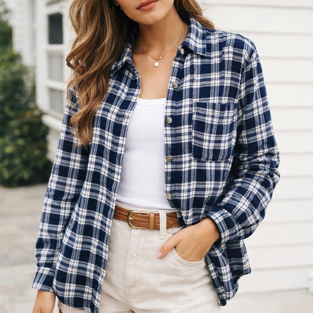 Hollister Boyfriend Fit Plaid Flannel Button Down Shirt XS Navy White